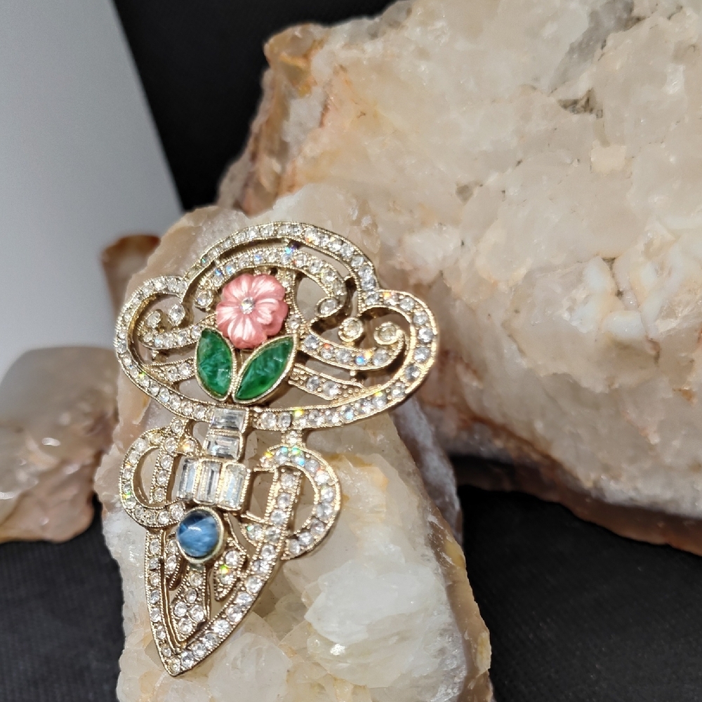 1928 Brand Art Deco Style Rhinestone Pink Floral Brooch - Picture 3 of 8